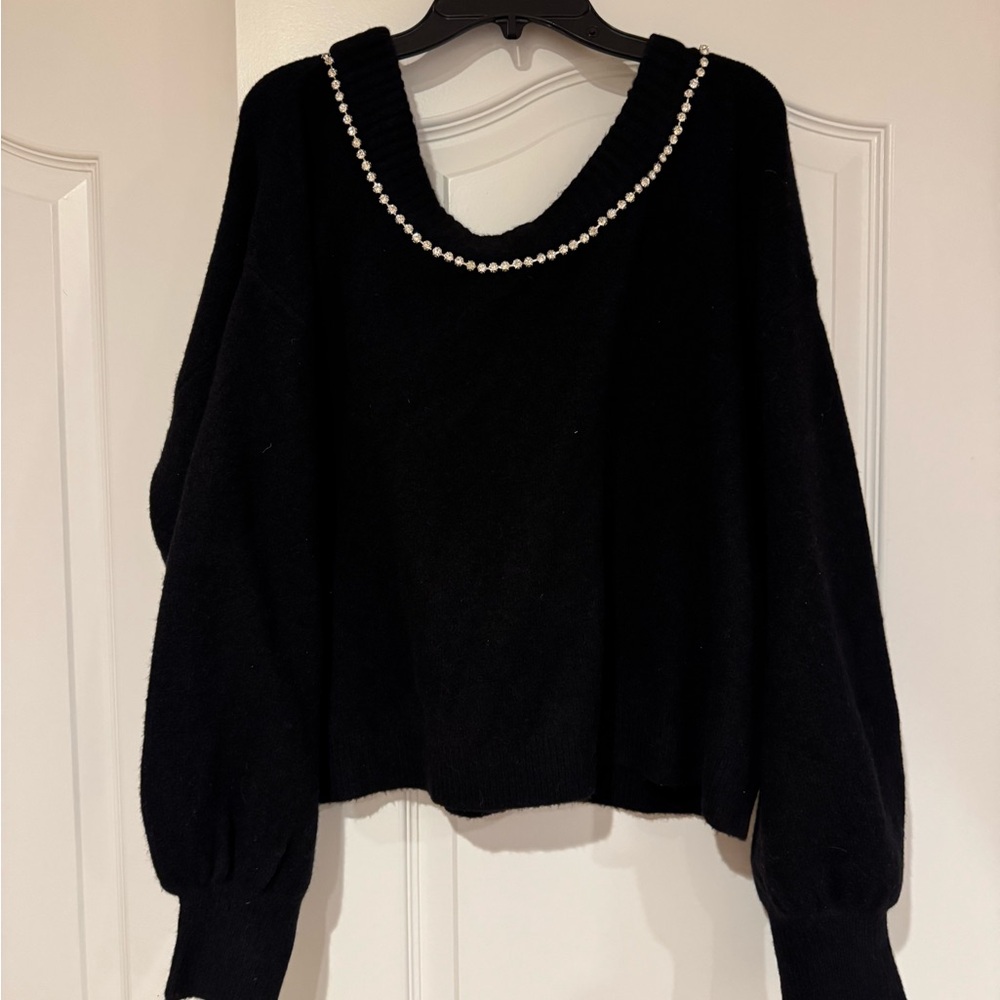 Express Black Crewneck Sweater with Pearl Neckline